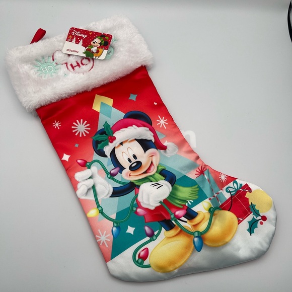 Disney Christmas Mickey Mouse 18” Satin Faux Fur Stocking NWT - Picture 1 of 4